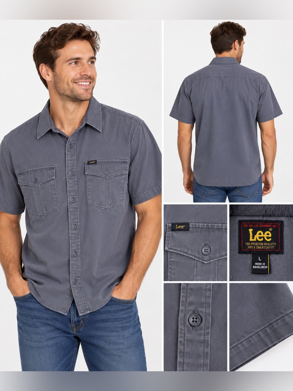 Lee Heritage Men’s Short Sleeve Utility Shirt Gray 100% Cotton Size Large NWT